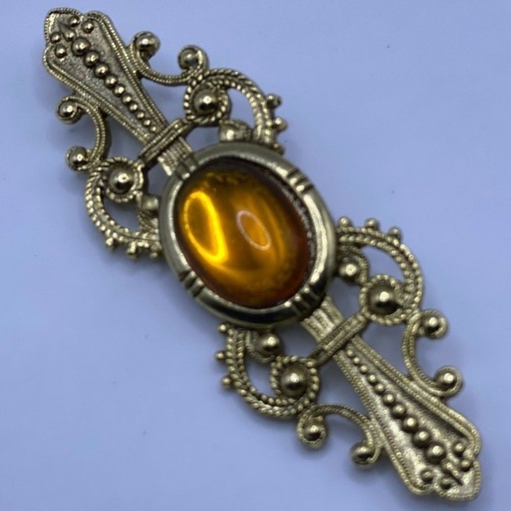 Vintage Victorian Gothic Gold Amber Glass Cabochon Filigree Ornate Brooch 3"